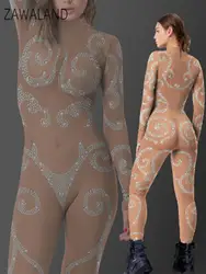 Zawaland Women Sexy Jumpsuit Diamond Border 3D Printed Pattern Bodysuit Carnival Party Fancy Cosplay Costume Adult Zip Catsuit