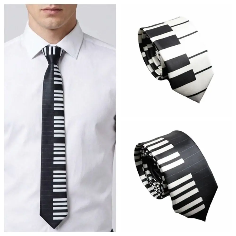 

Simple Skinny Piano Necktie Slim White Men Tie College Style Black Music Tie Men