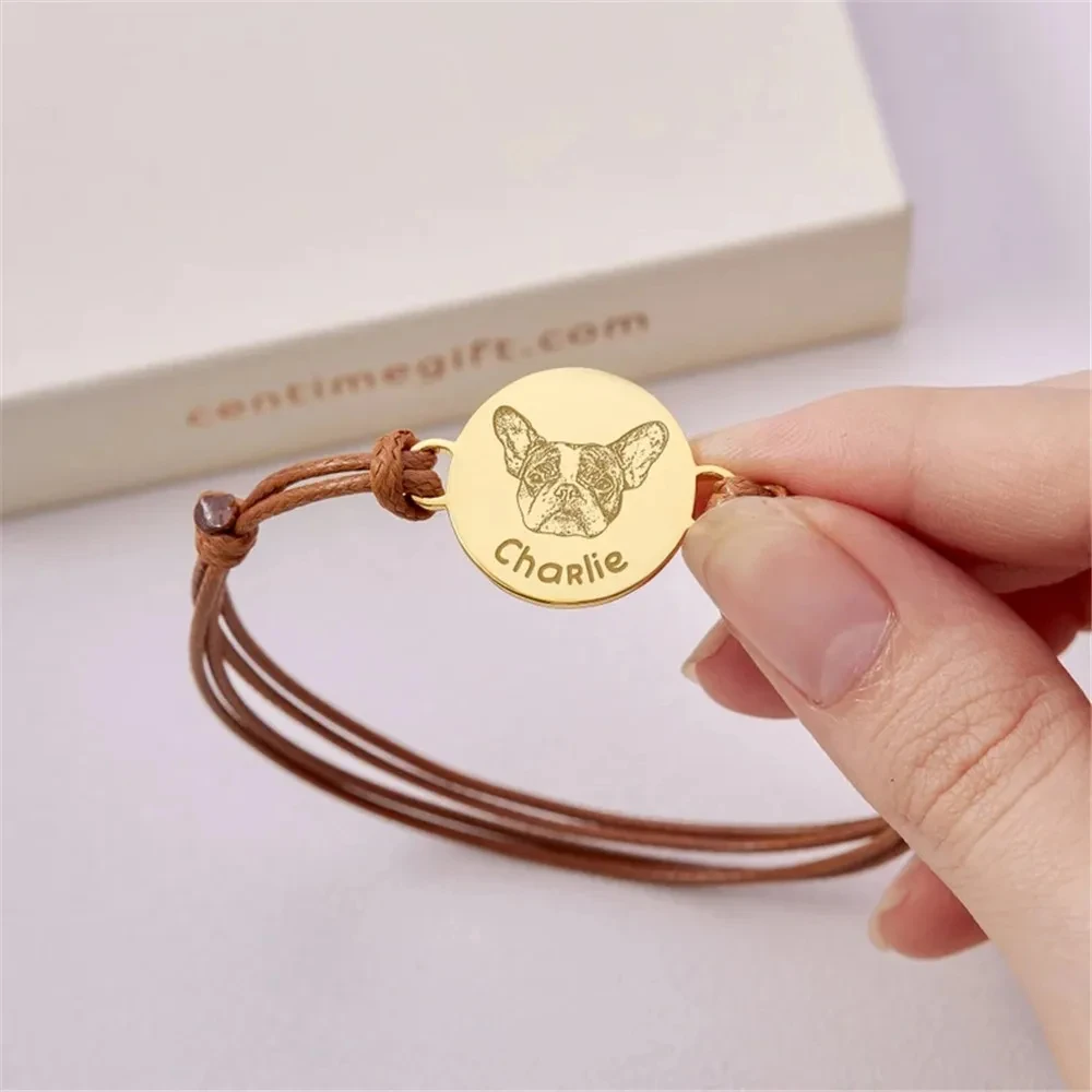 Hot Sellings Stainless Steel Custom Pet Portrait Bracelets Gift Women Family Dog Cat Photo Personalized Adjustable Rope Bracelet