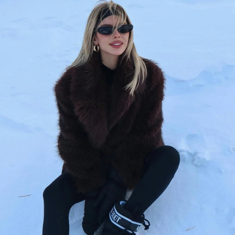Coffee Colored Faux Fur Coat Winter New Fashion Environmentally Friendly Fur Temperament Elegant Warm Short Jacket for Women