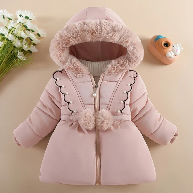 1 2 3 4 Years Baby Girls Jacket Winter Autumn Solid Color Pearl Decoration Lamb Wool Lining Thick Warm Hooded Down Cotton Coats