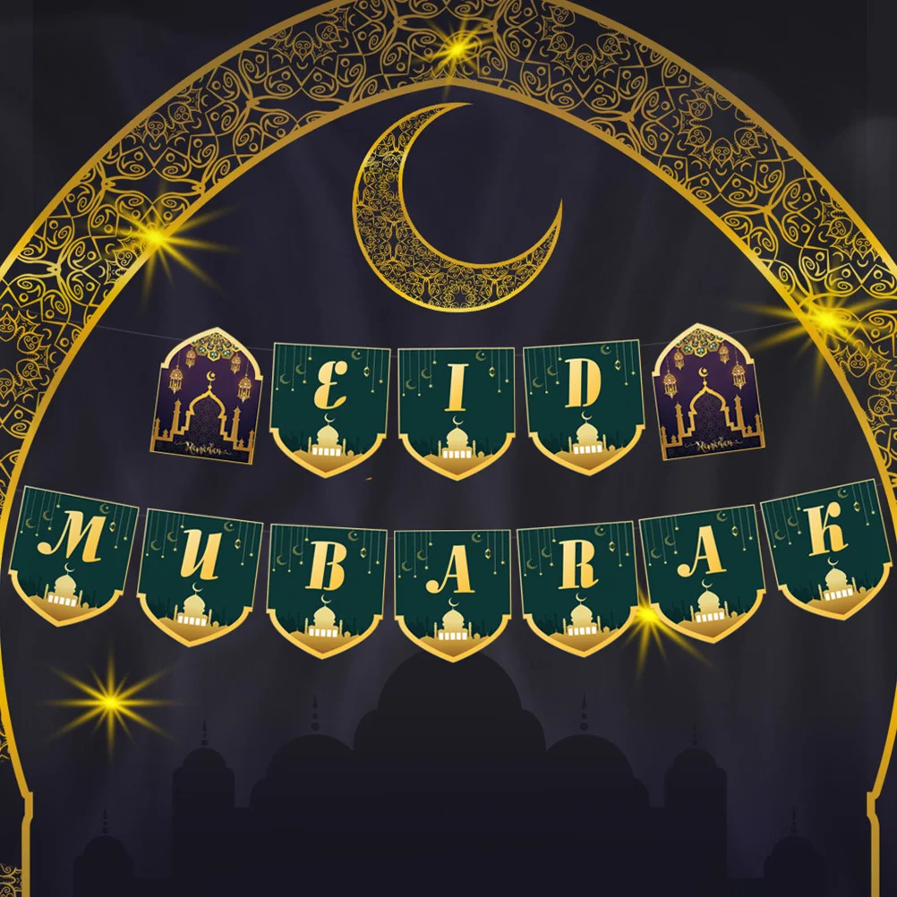 

2Pcs Muslim Eid Pull Flag Hanging Banner Party Decor Supplies Creative Ornament for Ramadan Festival Home Celebration