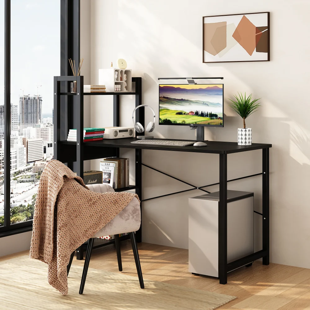 Computer Desk Bookcase Integrated Desktop Table Home Bedroom Table Steel Frame Student Writing Desk Desk 4 Tier Storage Shelves