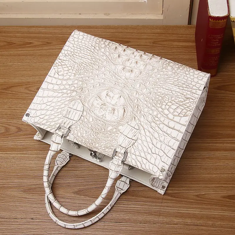 Luxury Fashion Genuine Leather Women\'s Handbag Crocodile Bone White Tote Bag Large Capacity Portable Shoulder Messenger Bags