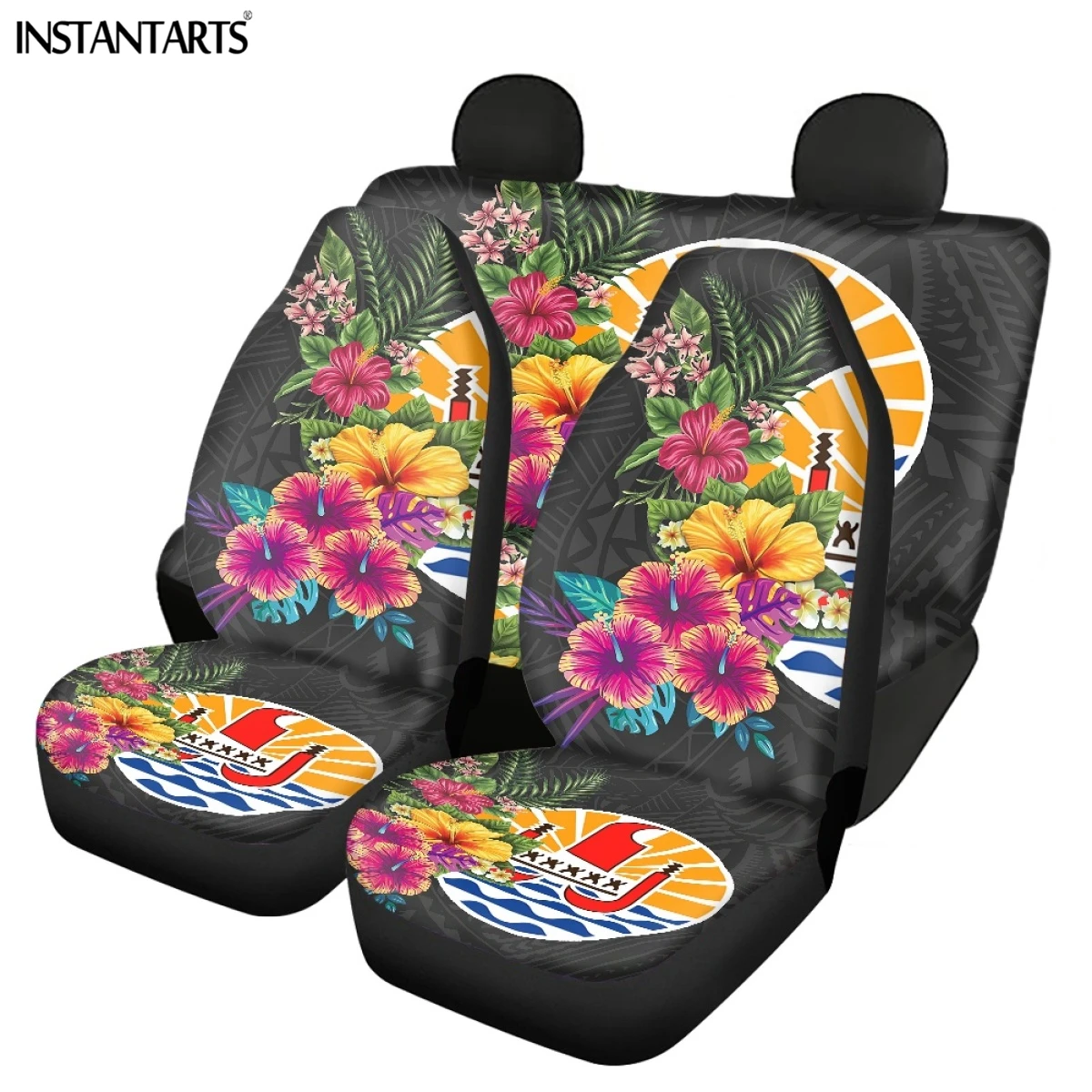 INSTANTARTS Tahiti Polynesian Plumeria Hibiscus Printed  Set of 4 Vehicle Seat Covers Non-skid Front and Back Car Seat Cushion