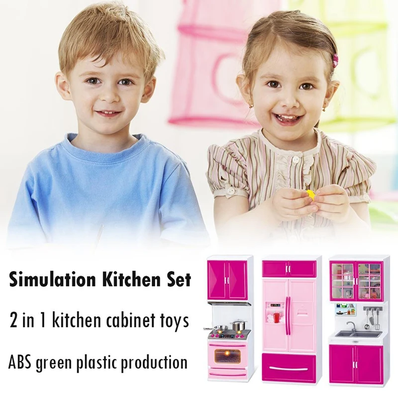 Simulation Kitchen Cabinets Set Children Pretend Play Cooking Tools Mini Tableware Sets Toys Girls Dollhouse Playset