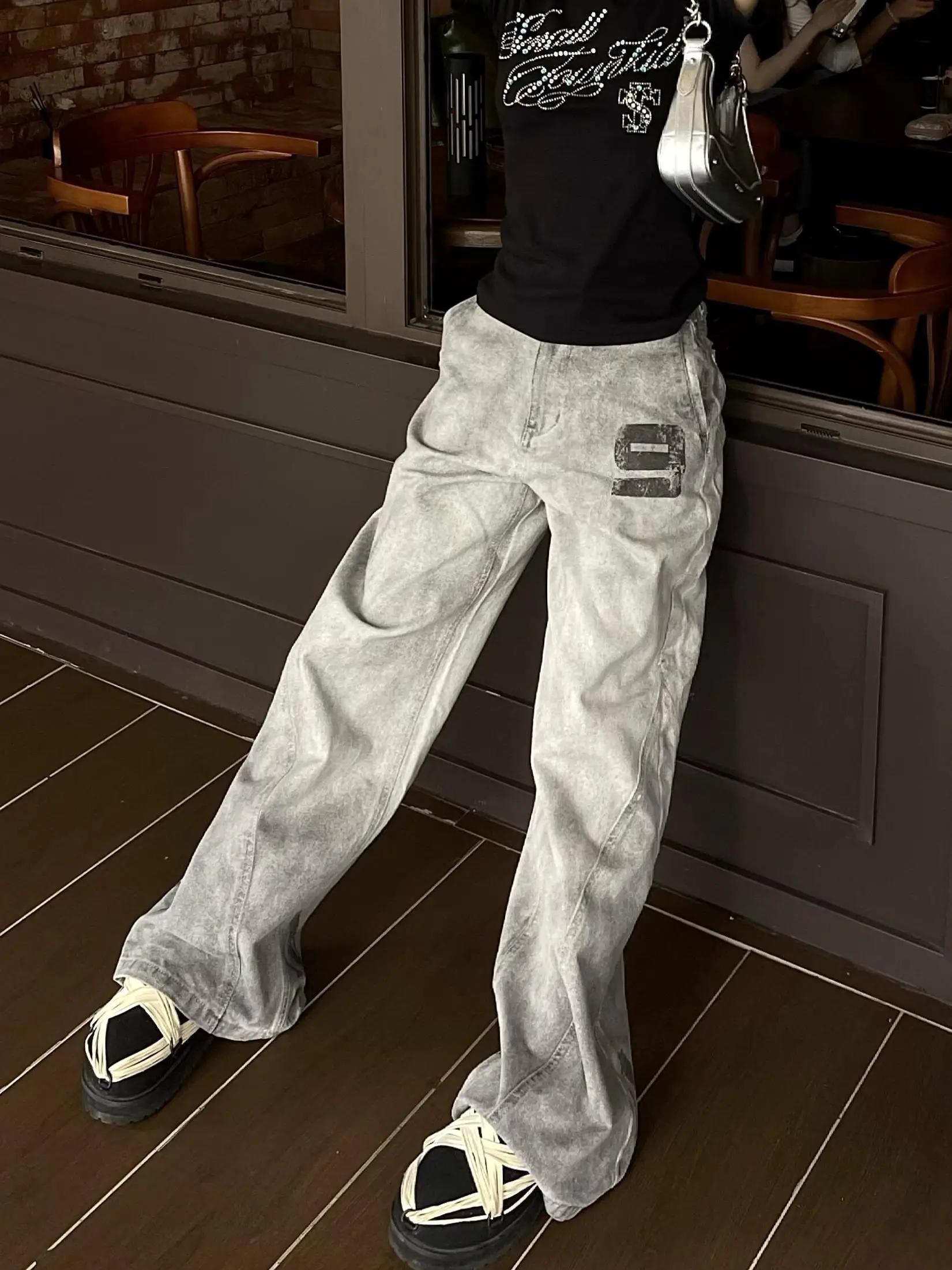 

Dark Grey Print Loose Casual Jeans Abi Cultural Summer High Street Knife Straight Loose Casual Trousers Trendy Vintage Denim