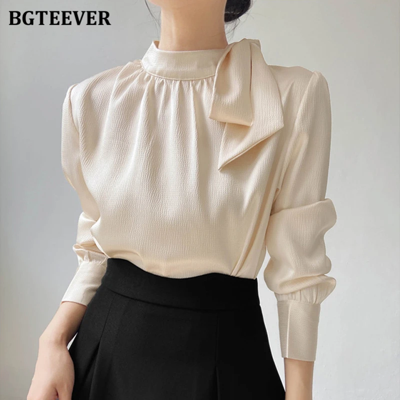 BGTEEVER Stylish Bow Neck Ladies Satin Blouses Autumn Elegant Loose Female Pullovers Tops Long Sleeve Women Shirts