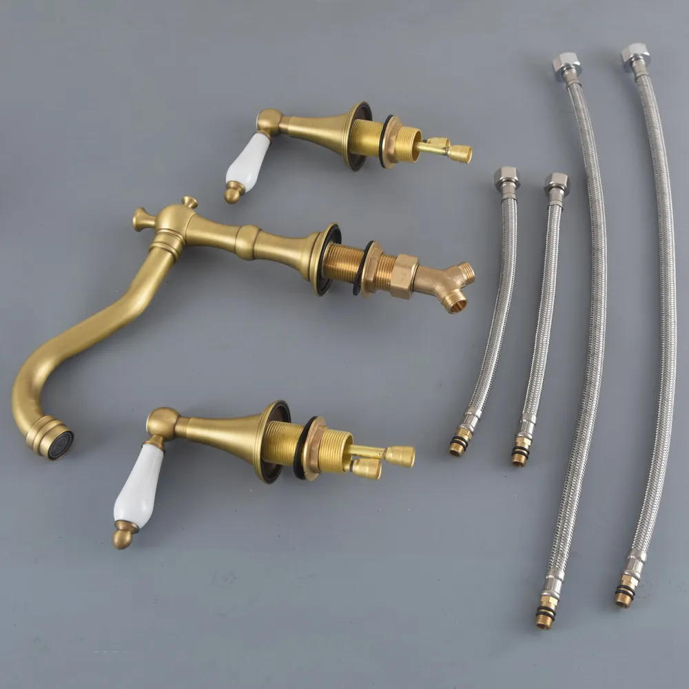 Vintage Retro Antique Brass Double Handle Three-hole Deck Mount Widespread Bathroom Basin Faucet / Bathtub Mixer Tap  Lan084