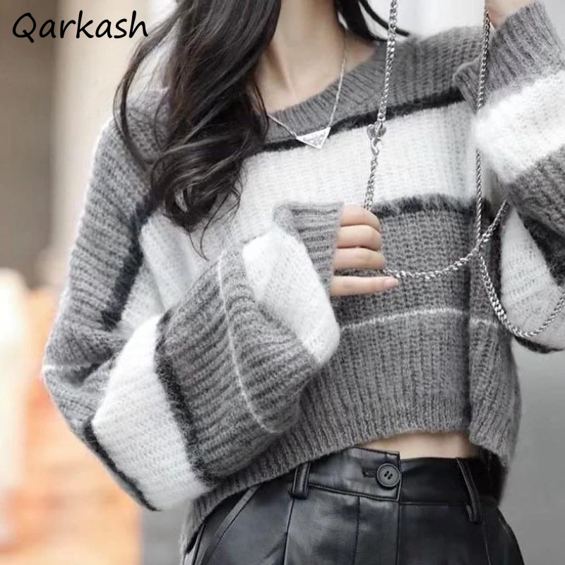 

Cropped Knitted Pullovers Women Sweater Striped Y2k Tops Hot Girls Panelled Korean Hip Hop O-neck Vintage Pull Femme Streetwear