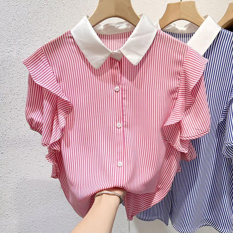 

Korean Striped Loose Blouse Summer New Thin Short Sleeve Ruffles Patchwork Chiffon Shirt Tops Elegant Fashion Women Clothing