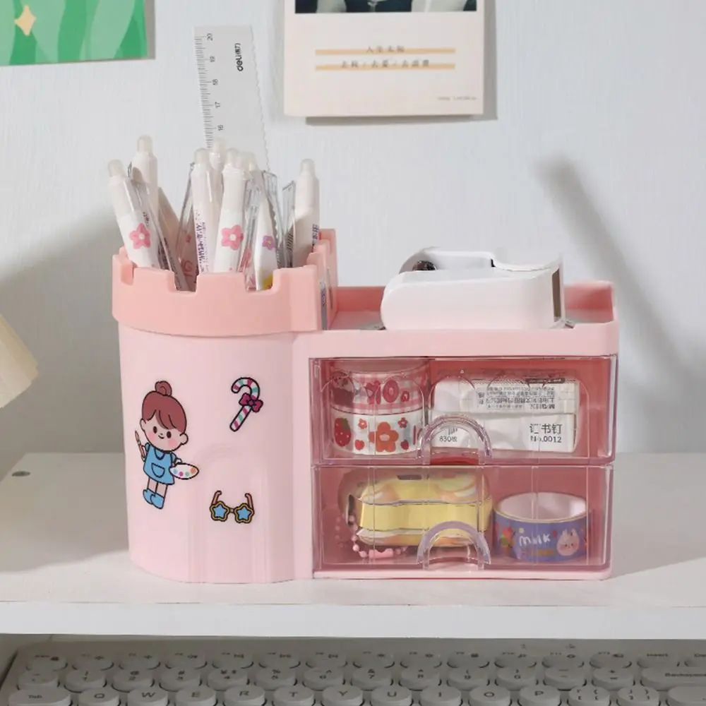 Plastic Pen Holder Castle Shape Dustproof Pen Container Drawer Style Multifunctional Desktop Organizer Back To School