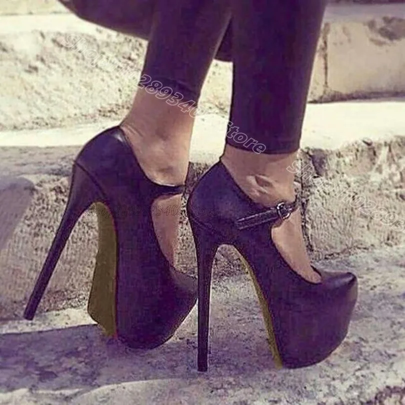 Black Round Toe Ankle Buckle Pumps Concise Stiletto Heels Solid Spring New Fashion Dress Women Shoes 2024 Zapatos Para Mujere