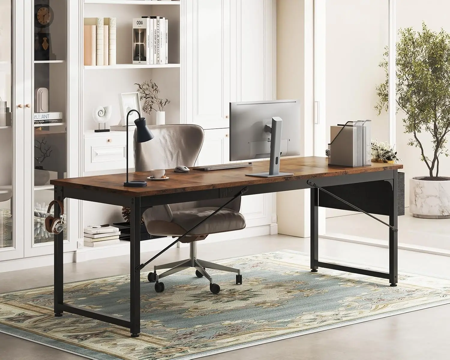 

71 Inch Large Computer Desk Home Office Desk, Long Modern PC Desk Work Table with Headphone Hook & Fabric Bag for Storage, Spli