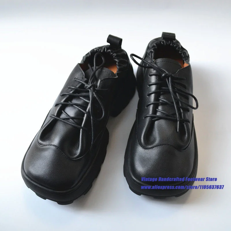 Black Leather Platform Oxford Shoes Square Toe Lace-Up Design Elastic Collar Chunky Sole Casual Shoes Handcrafted Men's Shoes