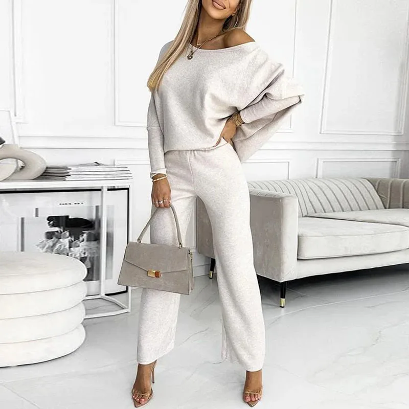 Casual 2 Piece Sets Autumn Crew Neck Hollow Top Pullovers & Long Pants Womens Outfits Winter Full Sleeve Solid Loose Simple Suit