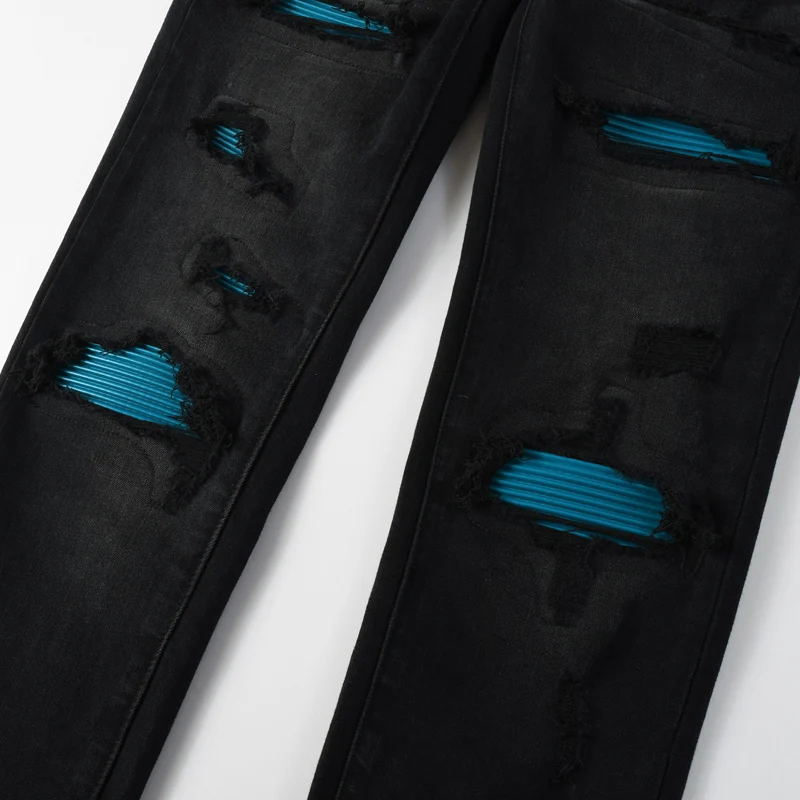 HombreStreet Designer Fashion NewJeans Blue Leather Patch Washed Nostalgic Stretch Slimming Retro Black Jeans High Street Trendy