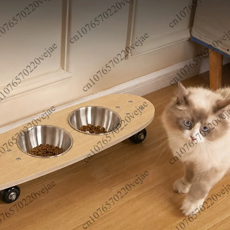 Skateboard double bowl, solid wood bowl rack, anti-knock stainless steel cat food basin, drinking bowl
