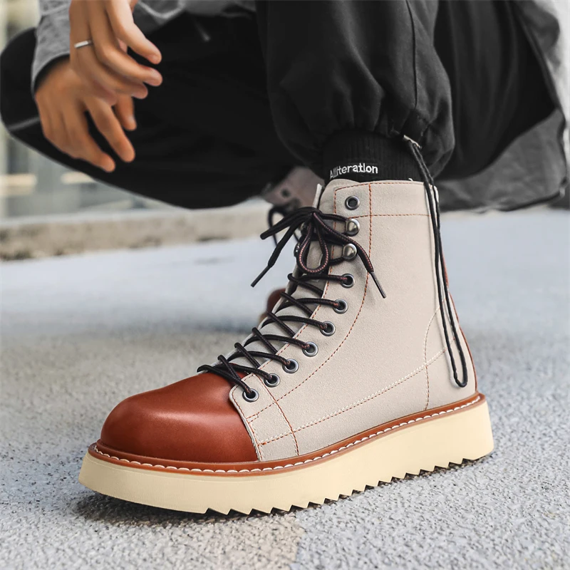 Autumn and winter men's high top leather shoes Trendy color blocking style Outdoor leisure business party office quality boots