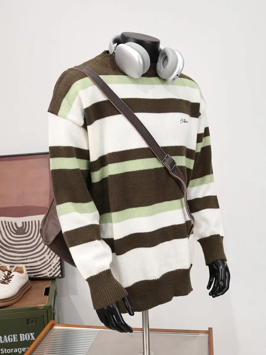 

Men's Casual round Ne Knitwear Color Blo Striped Loose Fit Comfortable Sle for Autumn Winter Season Faionable Trend