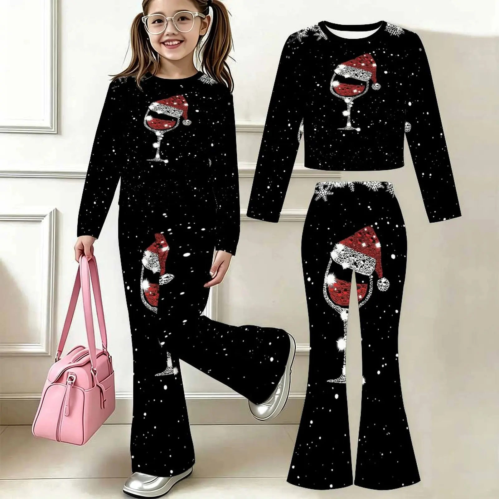Slim Two-piece Set Fashion Bell-bottomed Pants Children's Casual Pants Autumn Winter Girls' Trendy T-shirt Jogging Pants