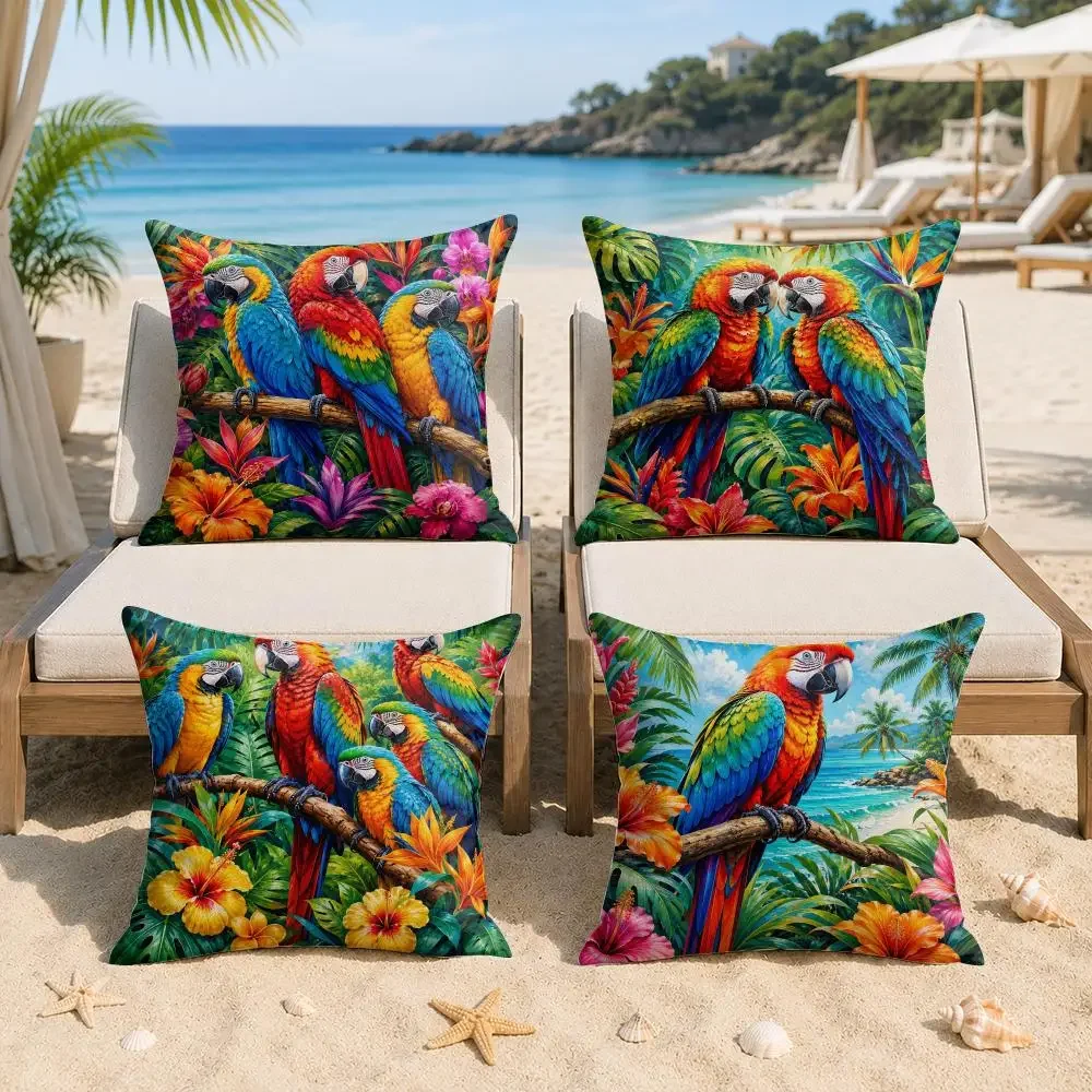 Tropical Parrot Jungle Floral Boho Cushion Cover Silky Short Plush Invisible Zipper Dustproof Sofa Pillow Case For Home Decor