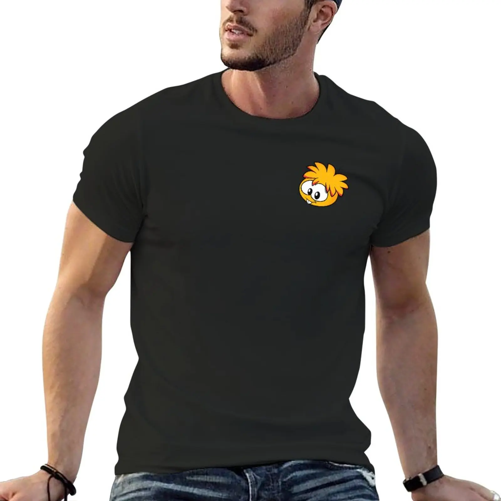 The cute Puffle: A smiling orange puffle T-Shirt customs blacks Men's cotton t-shirt