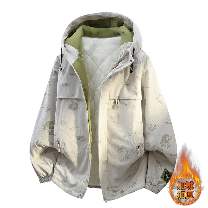 

Autumn and winter fashion corduroy and velvet jacket for men's outdoor warmth, graffiti casual hooded assault cotton jacket