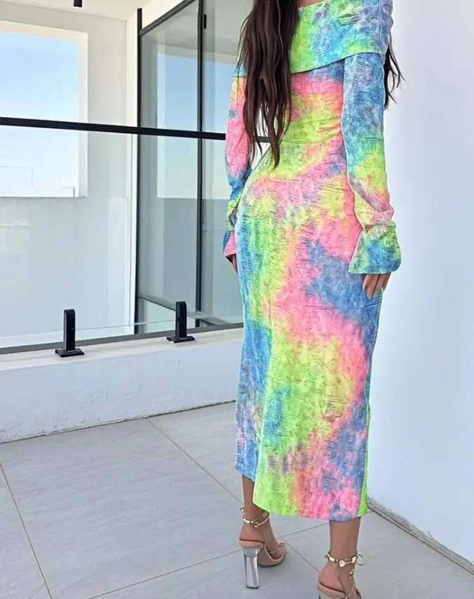 

Women Dress 2025 Autumn/winter Ombre Print Off Shoulder Long Sleeve Knit Bodycon Dress Casual Hollow Out High Strechy Midi Dress