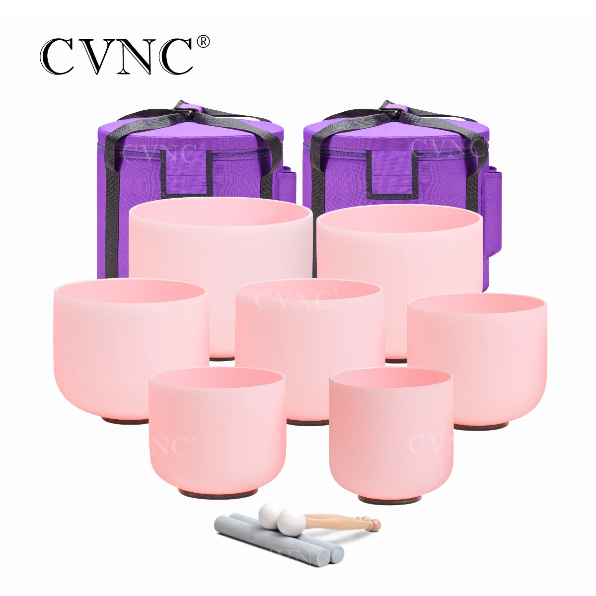 CVNC 432HZ 6-12 Inch Pink Color Frosted Quartz Crystal Singing Bowls Chakra Set 7pcs for Sound Healing and with Carry Bags