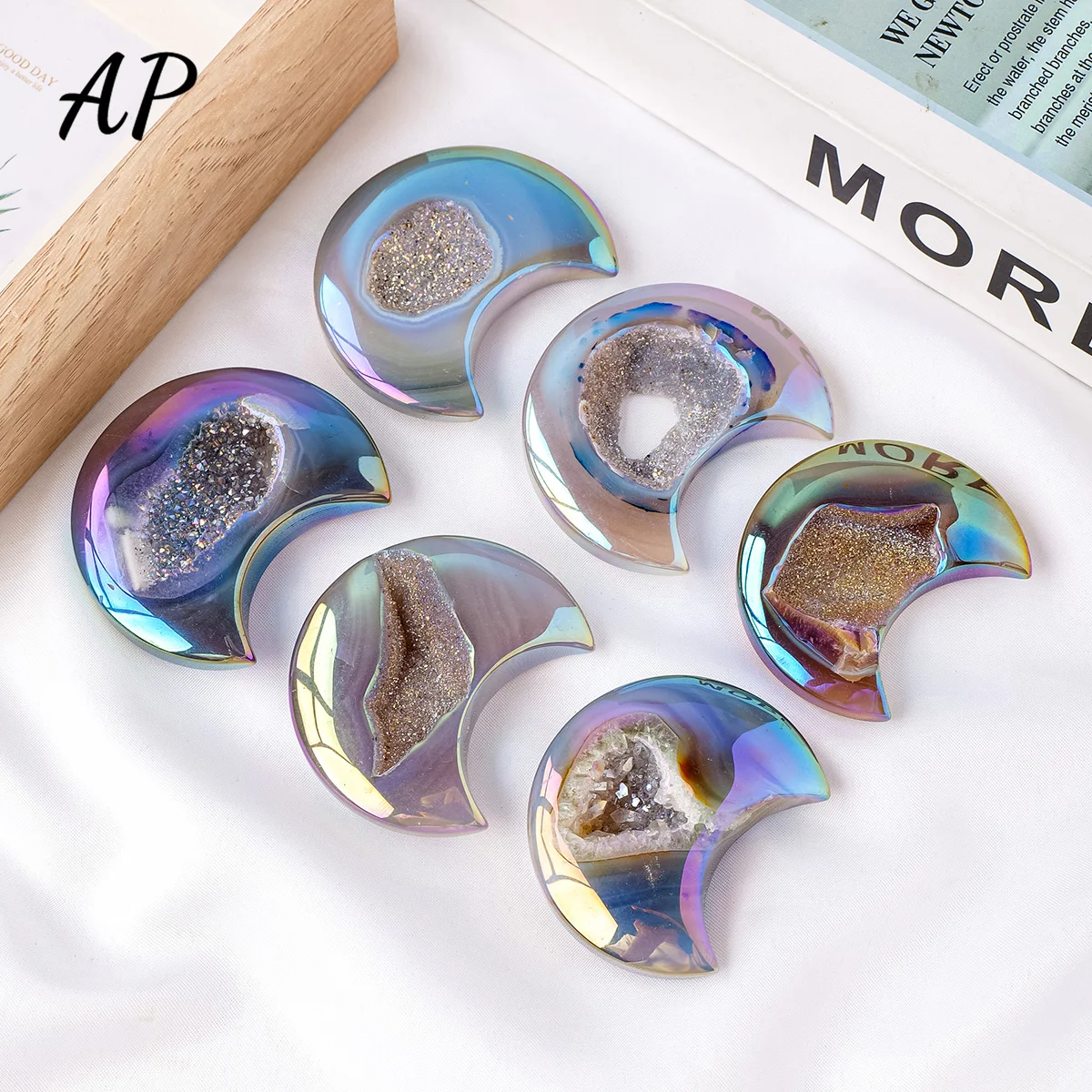 1PC Natural Electroplated Agate Moon Shape Handcarved Gemstones Color Crystal Geode Home Office Decoration