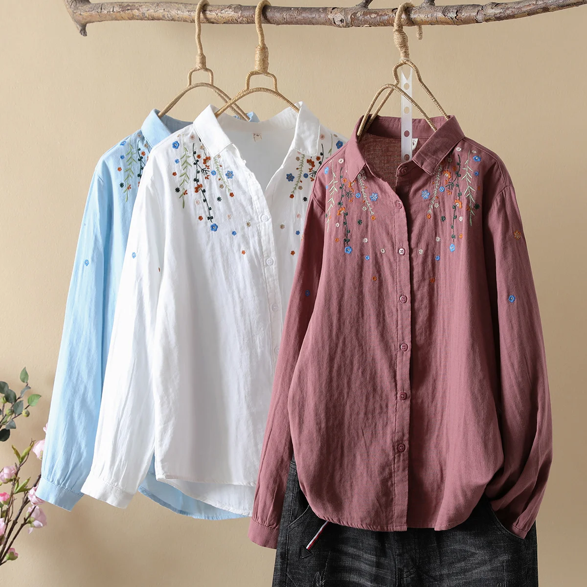 Cotton Yarn Shirts Women 2024 Spring Autumn Embroidery Blouses Long Sleeve Lady Tops Soft Skin-Friendly Base Shirt