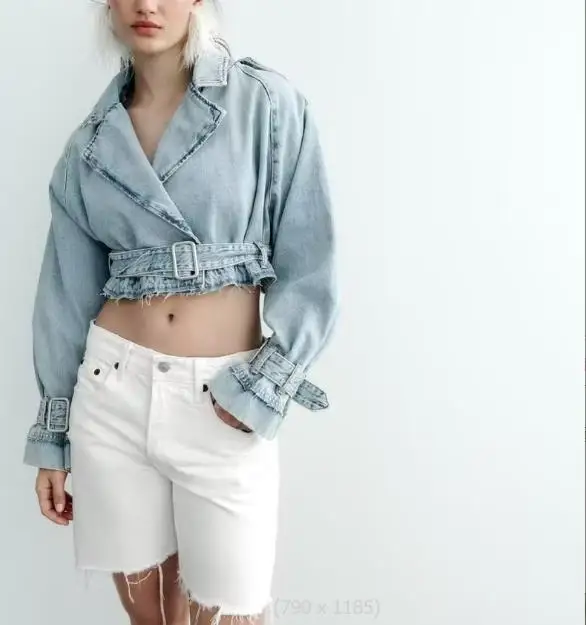 

Women's Spring autumn Denim Jackets Long Sleeve Crop Top Jacket With Belt Cropped Jean Jacket For Women Fashion Streetwear