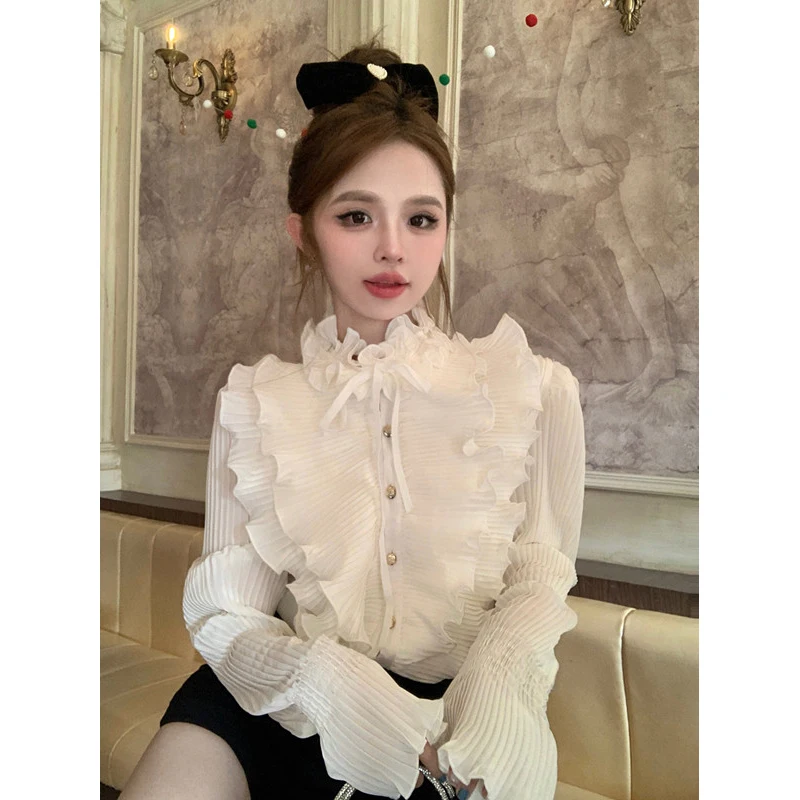 Elegant Ruffles White Shirts Women Vintage Patchwork Stand Collar Blouses Office Lady Korean Folds Flare Long Sleeve Tops New