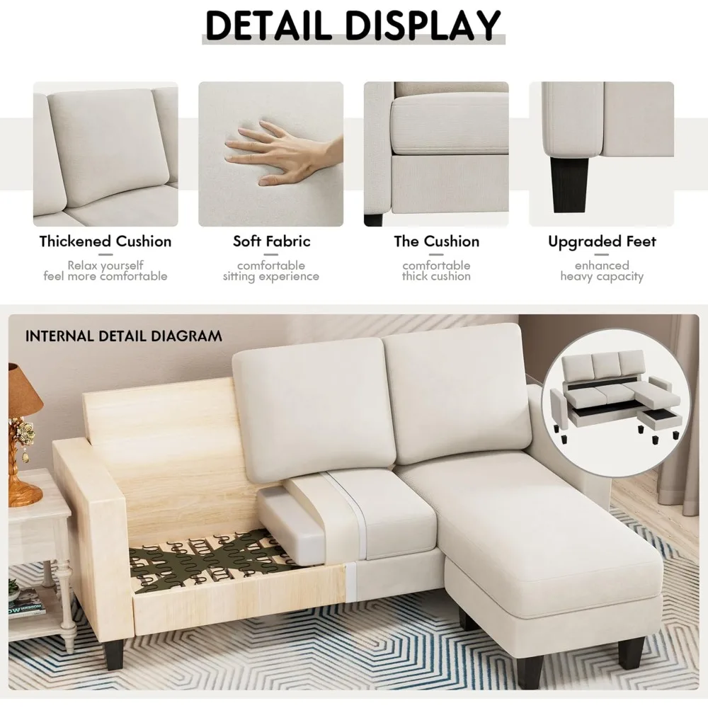 โซฟาปรับนอนรูปตัวแอล 3 ที่นั่ง หุ้มผ้าลินินทันสมัย เหมาะสำหรับพื้นที่ขนาดเล็ก โซฟาแสนสบายพร้อมที่วางแขน