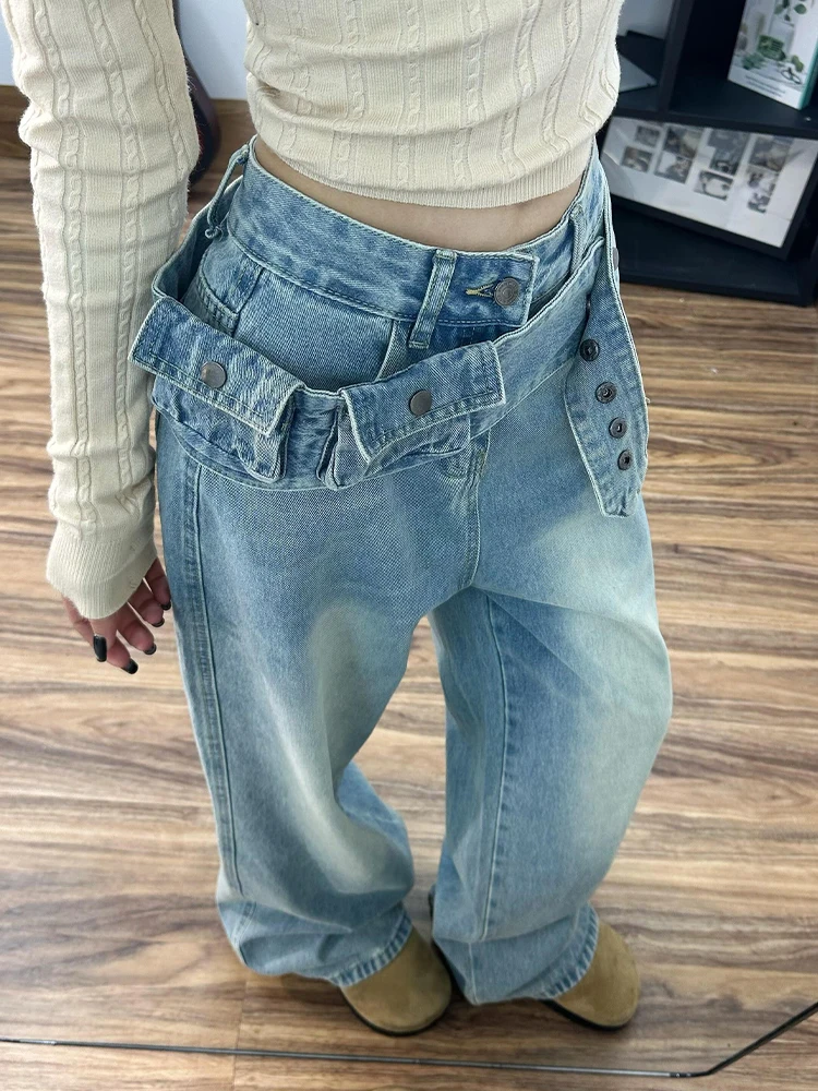 

American Style High Waist Distressed Denim Pants Women's Summer New Vintage Washed Floor-Length Trousers Trendy Patchwork