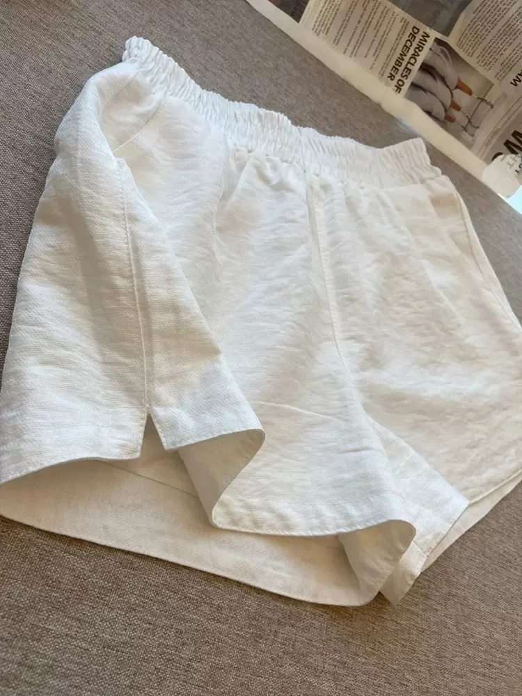 

Side-Slit Casual White Shorts Women Elastic High Waist Summer Shorts With Pockets Basic Solid All-Match Boho Beach Bottoms