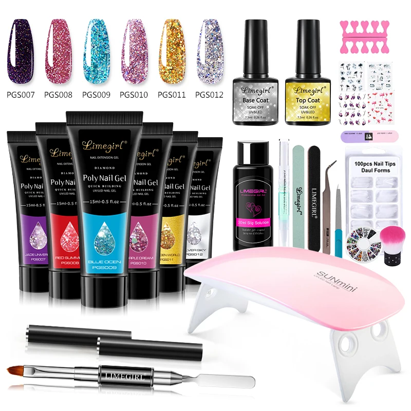 Poly Nail Art Gel Kit para Iniciantes, 6W LED Light, Nail Art, Decoração, Ferramenta de Extensão