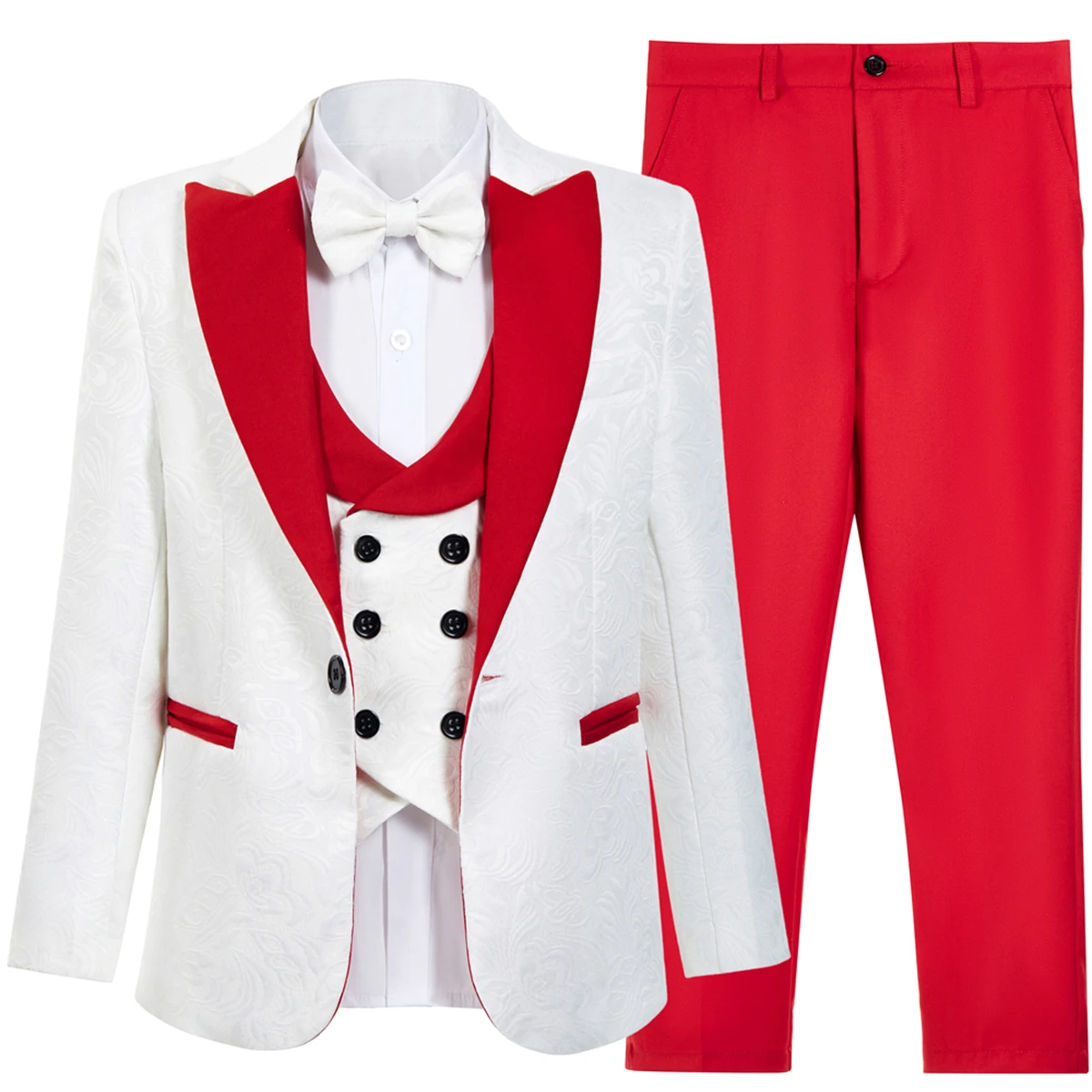 Red Paisley Suit Set for Children, Wedding Ring Bearer Tuxedo, 4 Pieces (Jacket Vest Pants Bowtie) Boy's Prom Suit Attire