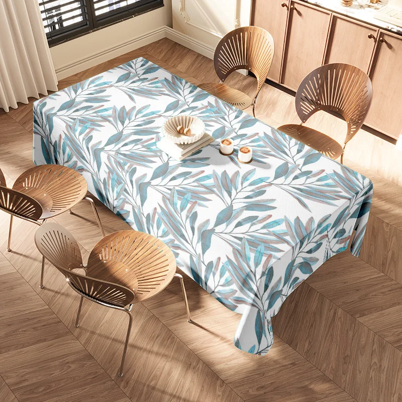 Modern Floral Printed Tablecloth Blue Green Leaves Design for Dining Room Decor: Washable Polyester Fabric, Perfect Fit for Rect