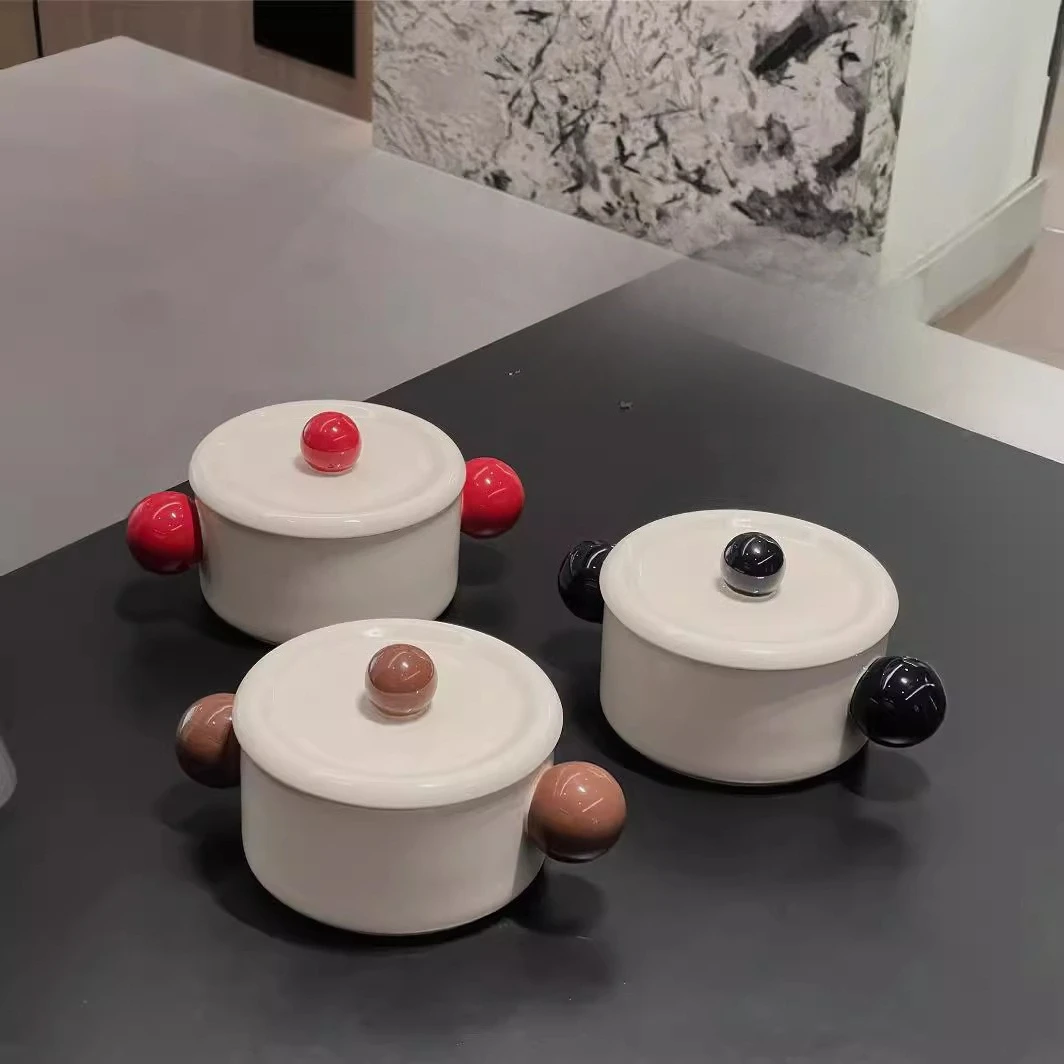 

Double Ear Large Soup Bowl Ceramic Noodle Bowl with Lid for Home Dormitory