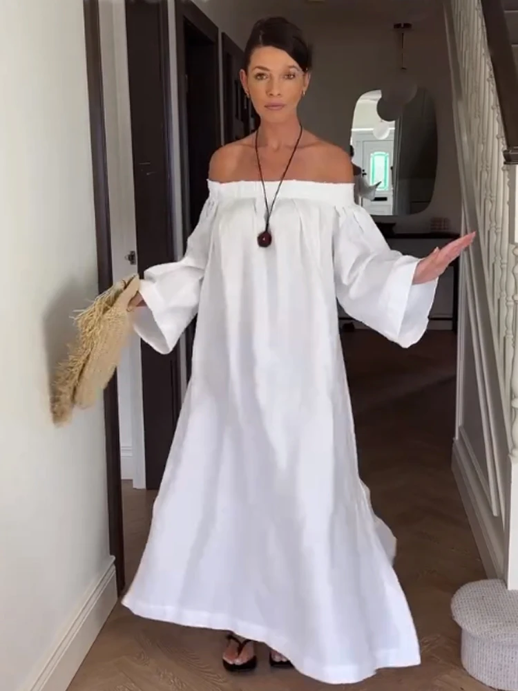 

HH Woman Solid Long-Sleeved Beach Party Dress Women Summer Fashion One-Length Shoulder Wrinkles Decorate Slim Long Dress