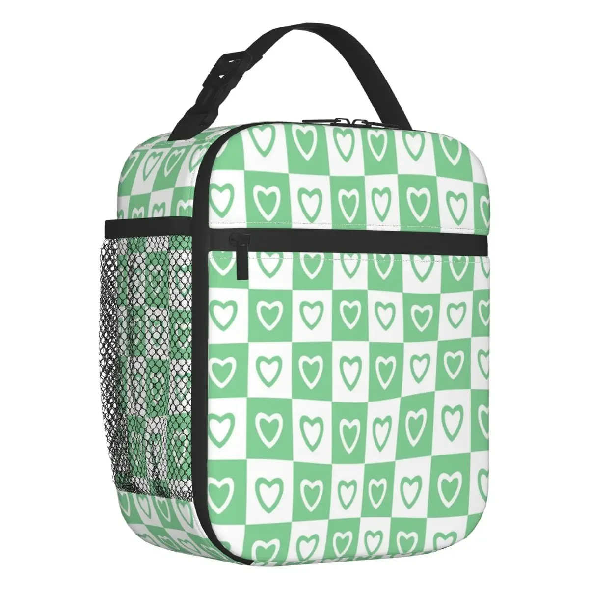 Custom Green White Hearts Checkered Pattern Insulated Lunch Bag for Work School Leakproof Thermal Cooler Lunch Box Unisex
