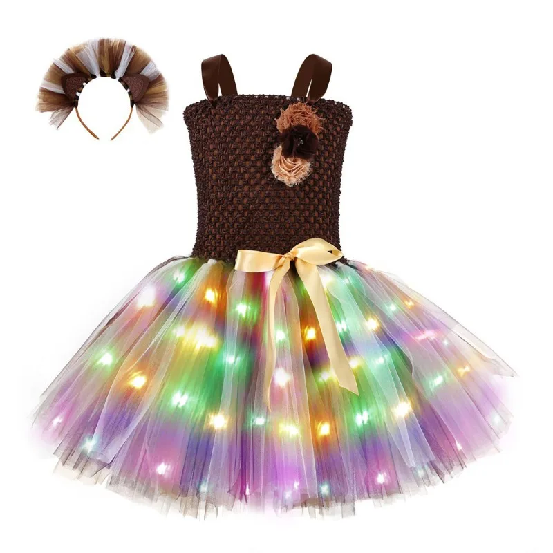 Girls' Brown Forest-themed Tulle Tutu Dress with LED Glowing Cartoon Patterns, Suitable for Stage Performances and Parties