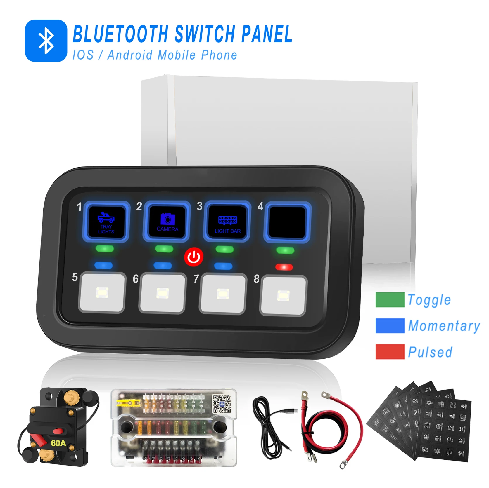 

8 Gang Bluetooth Touch Switch Panel 60A Circuit Breaker Fuse Block Box Kit 12V-24V Waterproof for Boat ATV Marine RV Camper Car