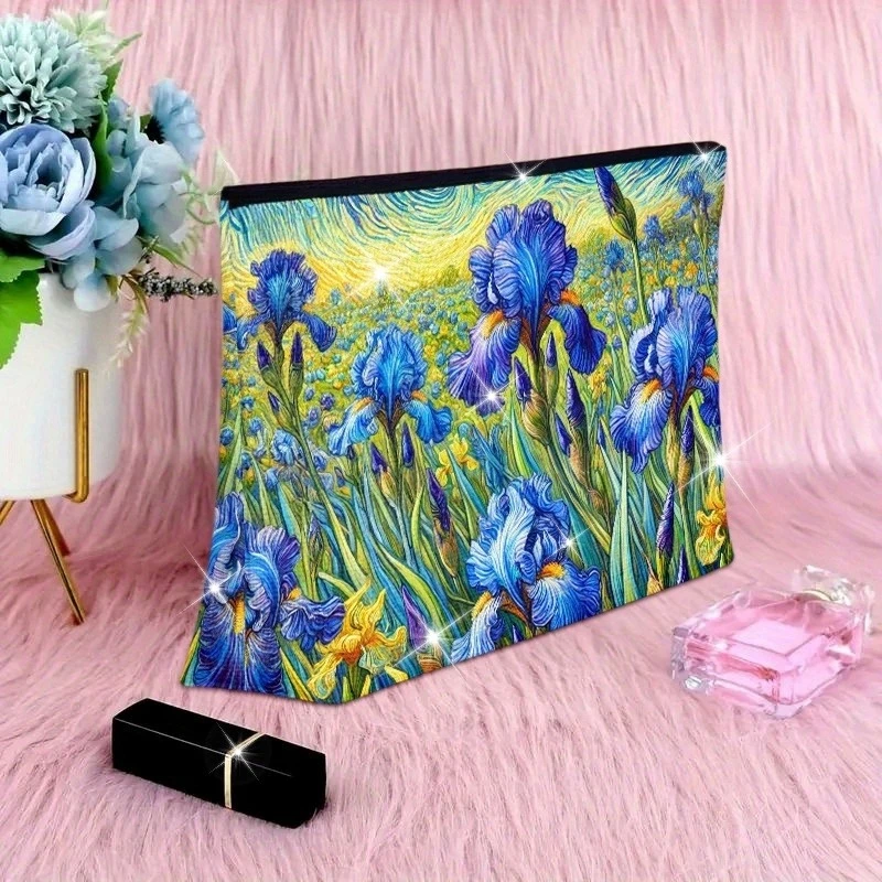 Makeup Bag 1pc, Blue Purple Irises Blooming Scene Cosmetic Bag, Lightweight Cosmetic Pouch with Zipper for Women