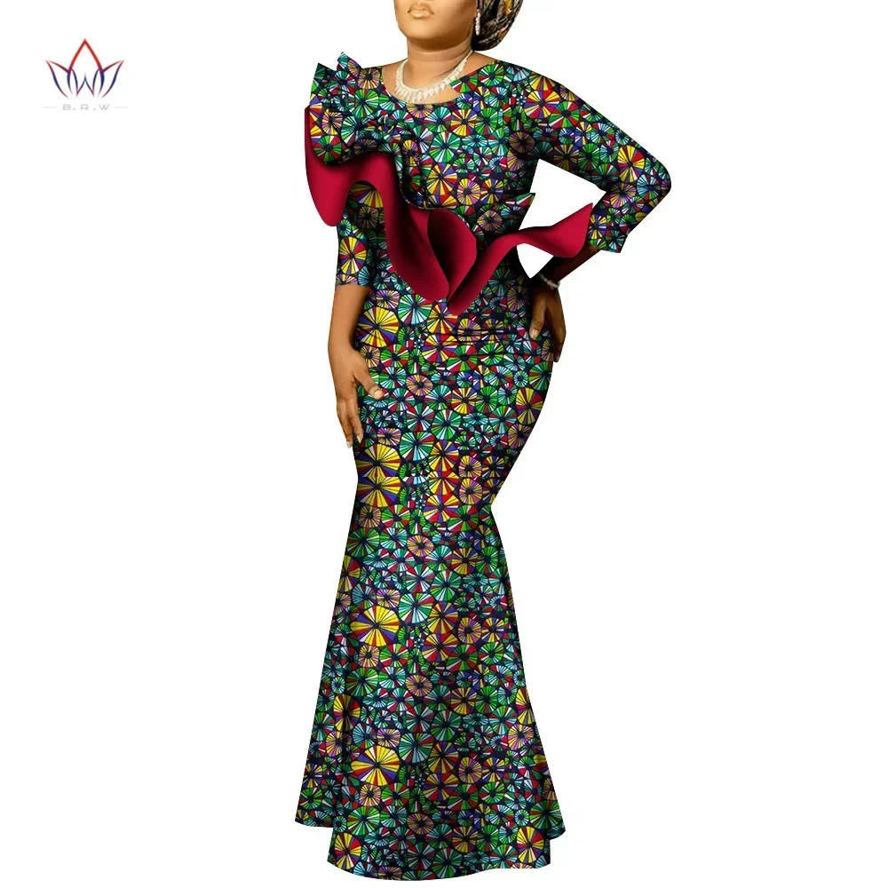 Bintarealwax African Maxi Dress Bazin Riche Cotton Print Wax Long Dresses Nine Points Sleeve Plus Size Africa Clothing WY9492