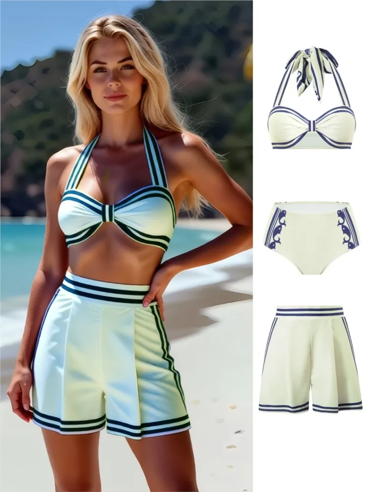 Bikini Bodysuit Swimwear Women With Skirt Bathing Suit Summer New Ruffle Splice Print Beachwear Holiday Bikini Cover Ups Outfits