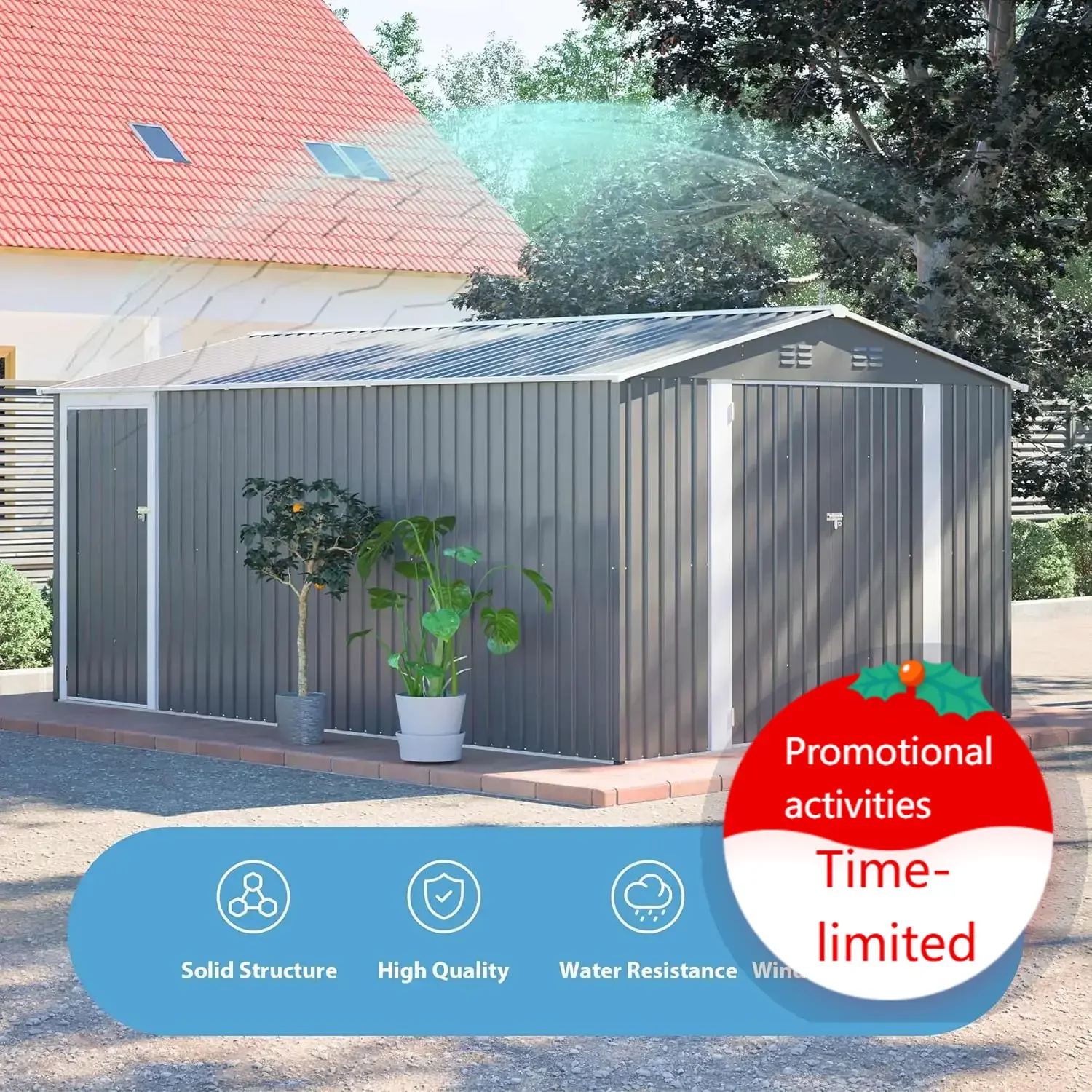 

Горячая распродажа: Уличный металлический сарай 10x14 футов с боковой дверью и напольным каркасом, очень большой сарай для инструментов с запираемыми двойными дверями