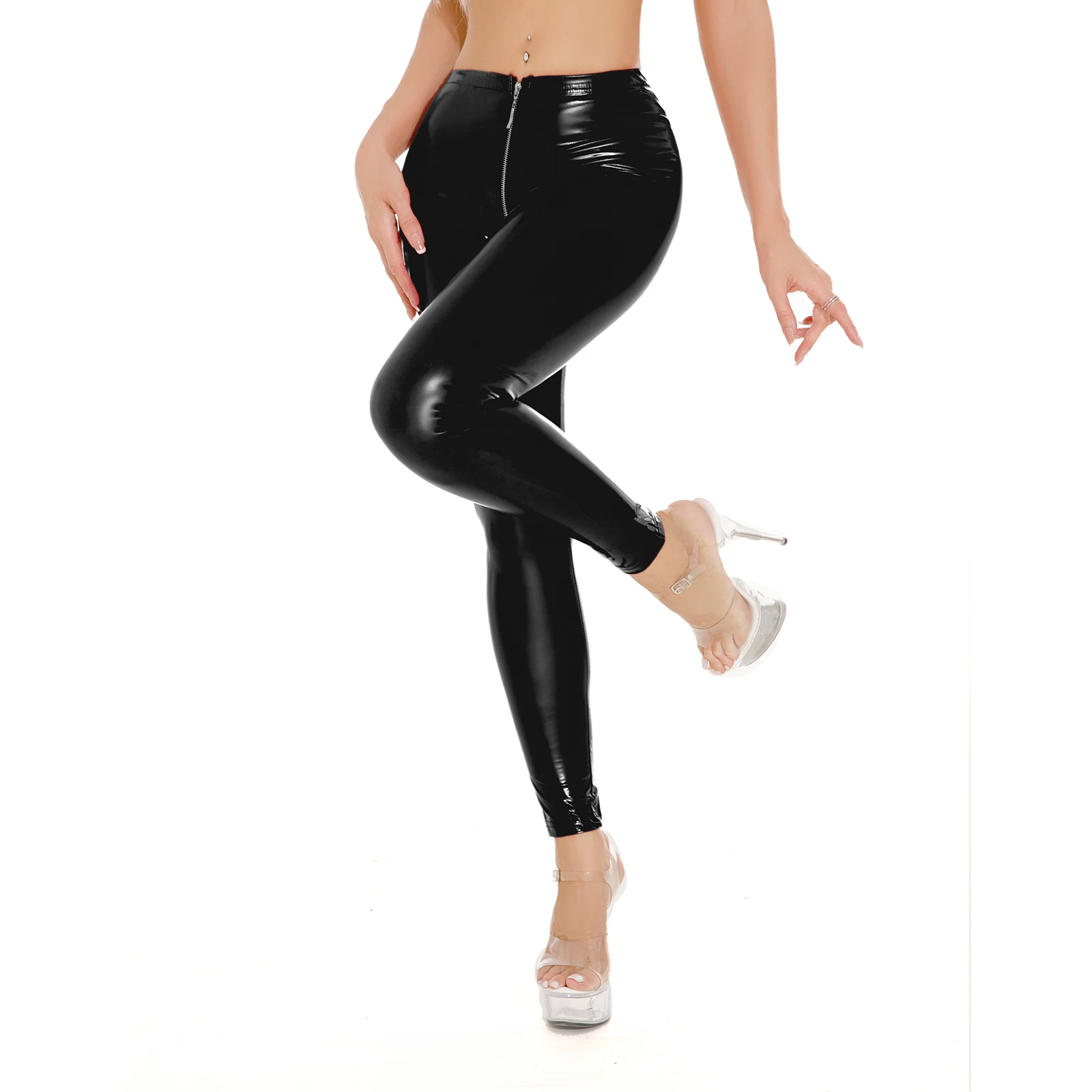 Women Sexy Shiny PU Leather Leggings Sexy Zipper Open Crotch Trousers Pole Dance Clubwea Push Up Reflective Mirror Leather Pants